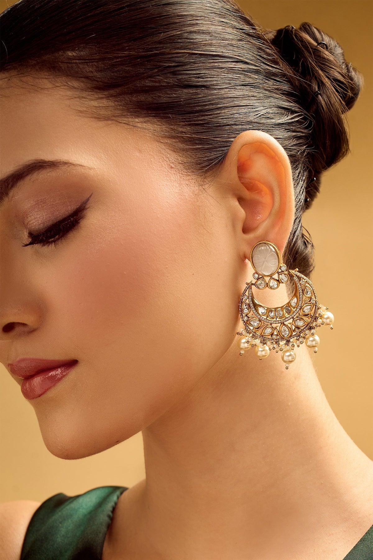 Gold & White Chandbali Earrings 