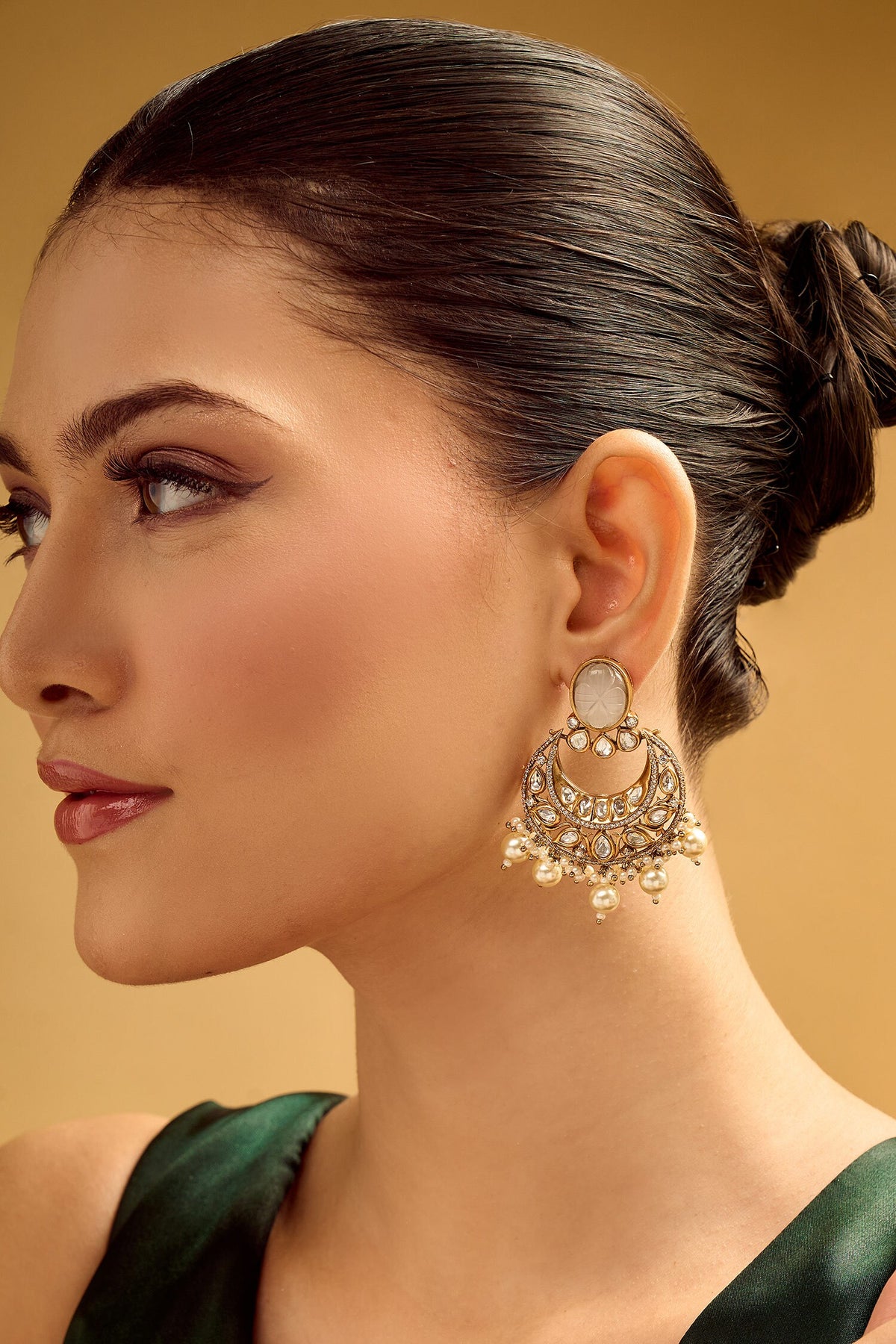 Gold & White Chandbali Earrings 