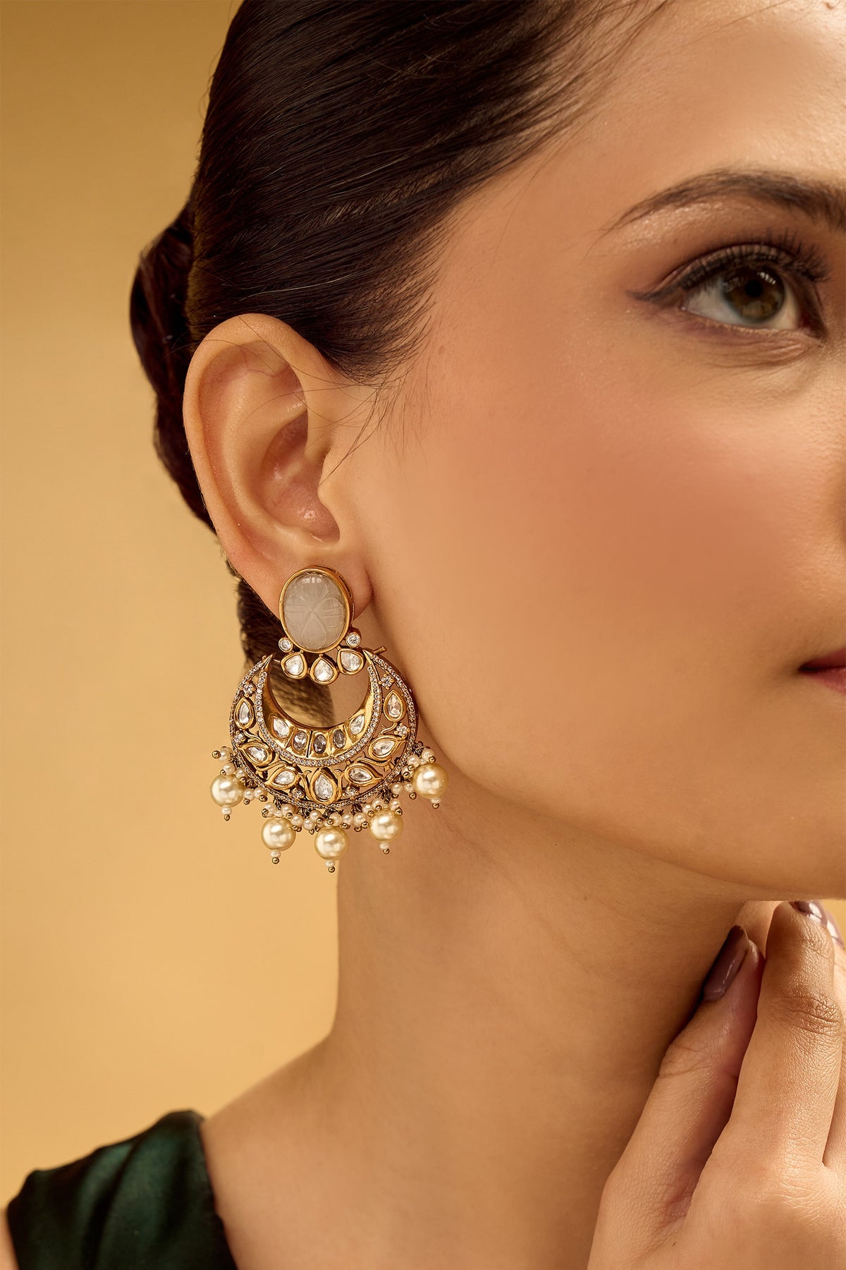 Gold & White Chandbali Earrings 