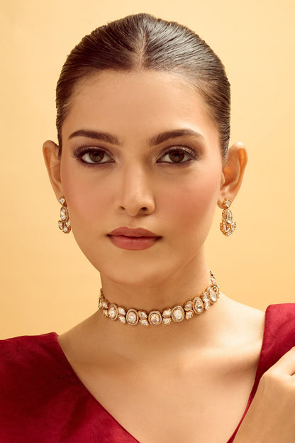 Gold & White Stone Embellished Jewellery Set 
