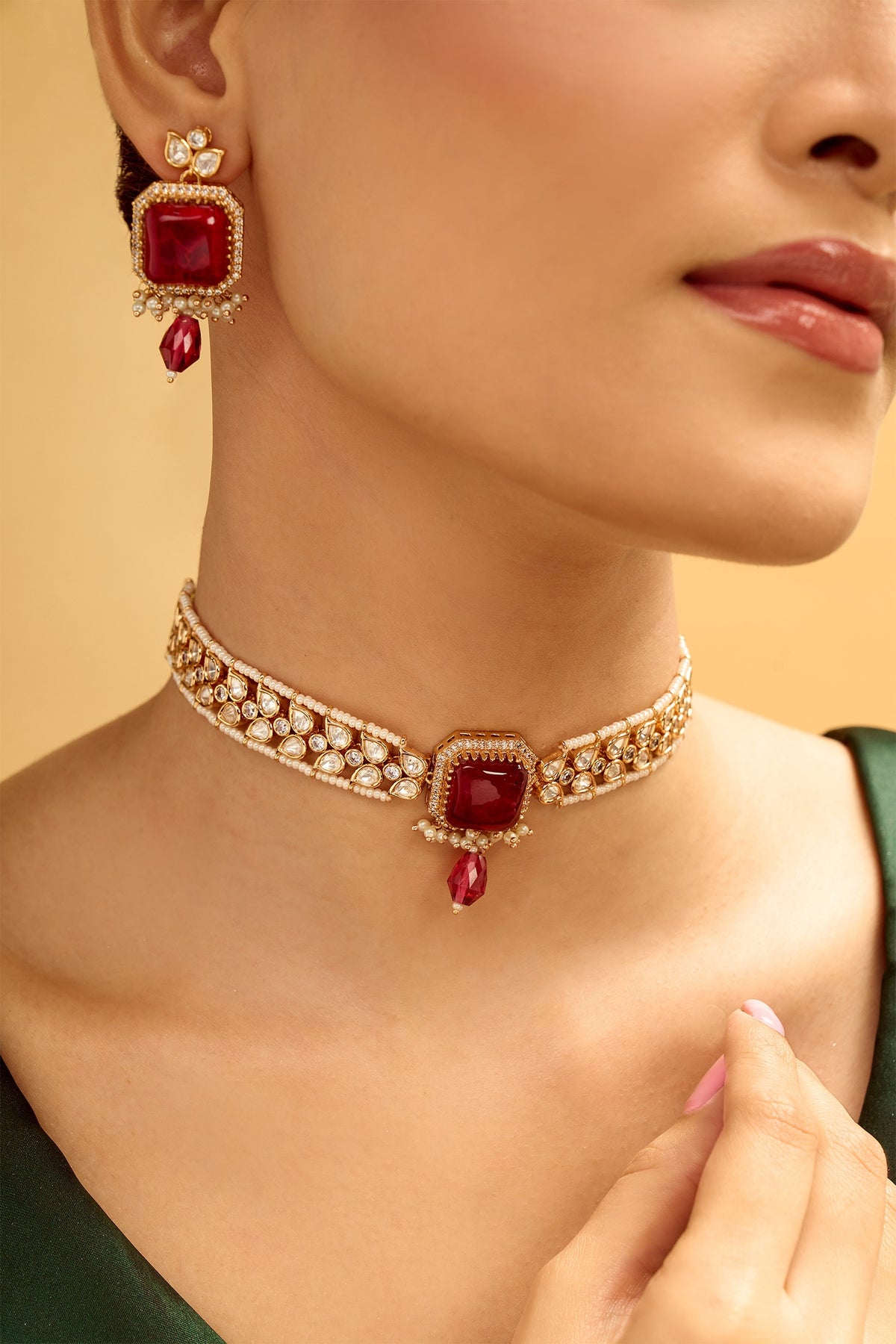 Ruby Stone Embellished Jewellery Set 