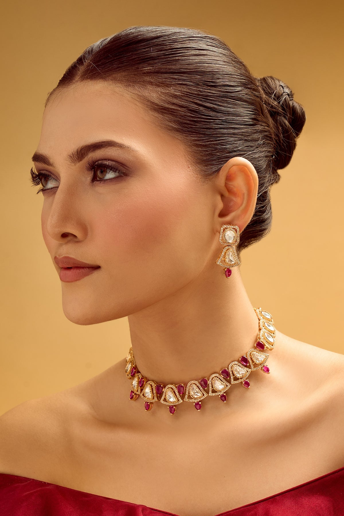 Ruby Stone Embellished Necklace Set 
