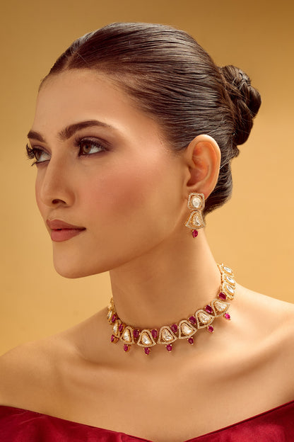 Ruby Stone Embellished Necklace Set 