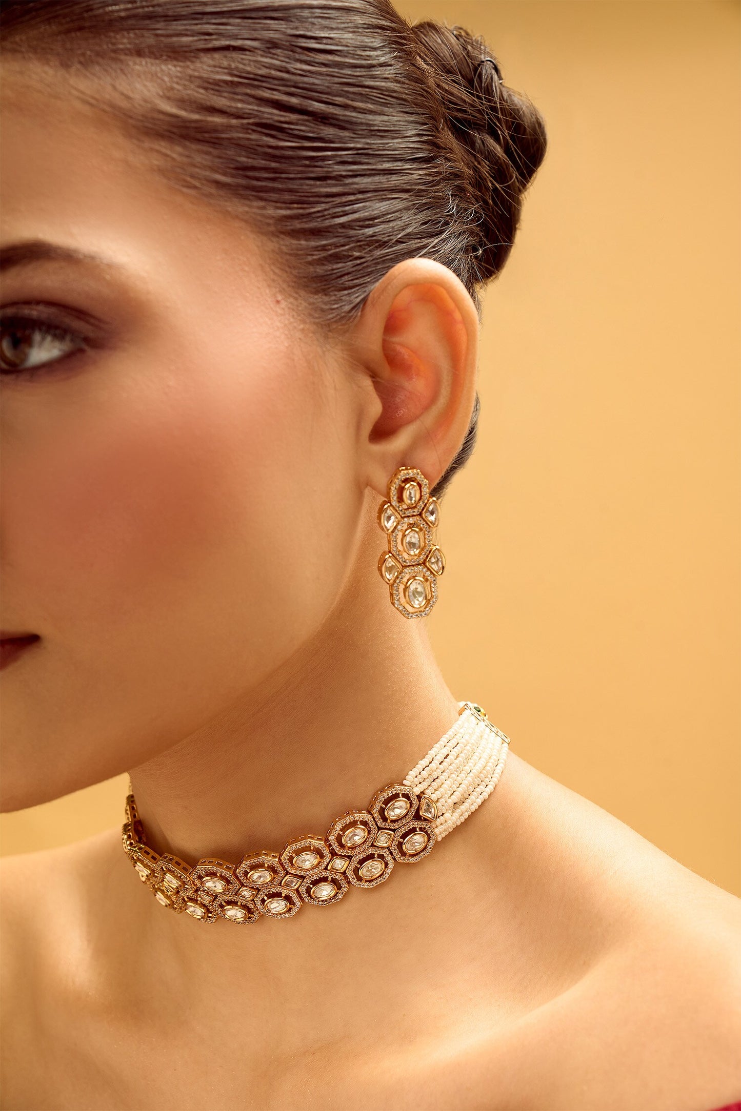 Gold & White Necklace Earring Set 