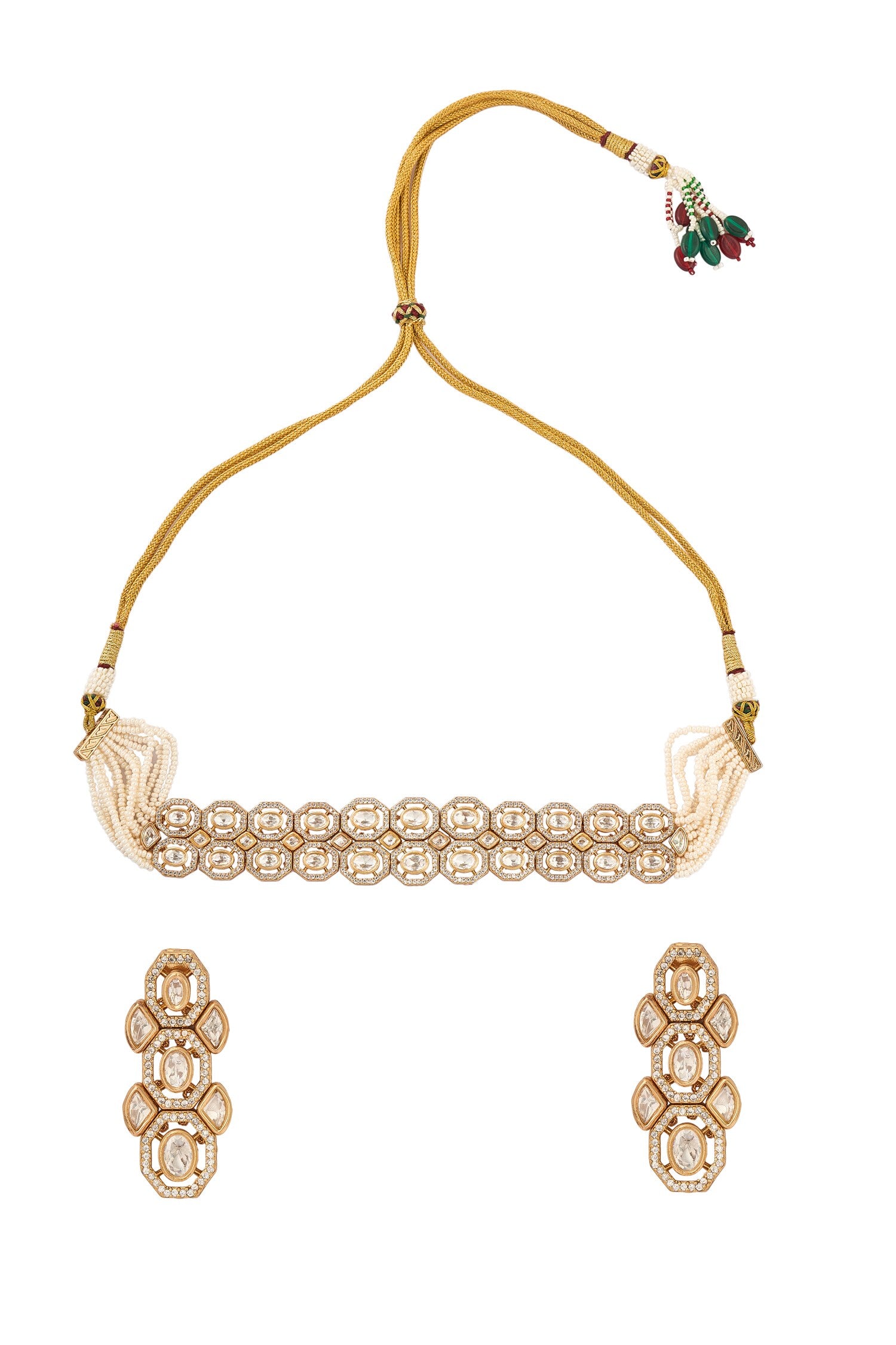 Gold & White Necklace Earring Set 