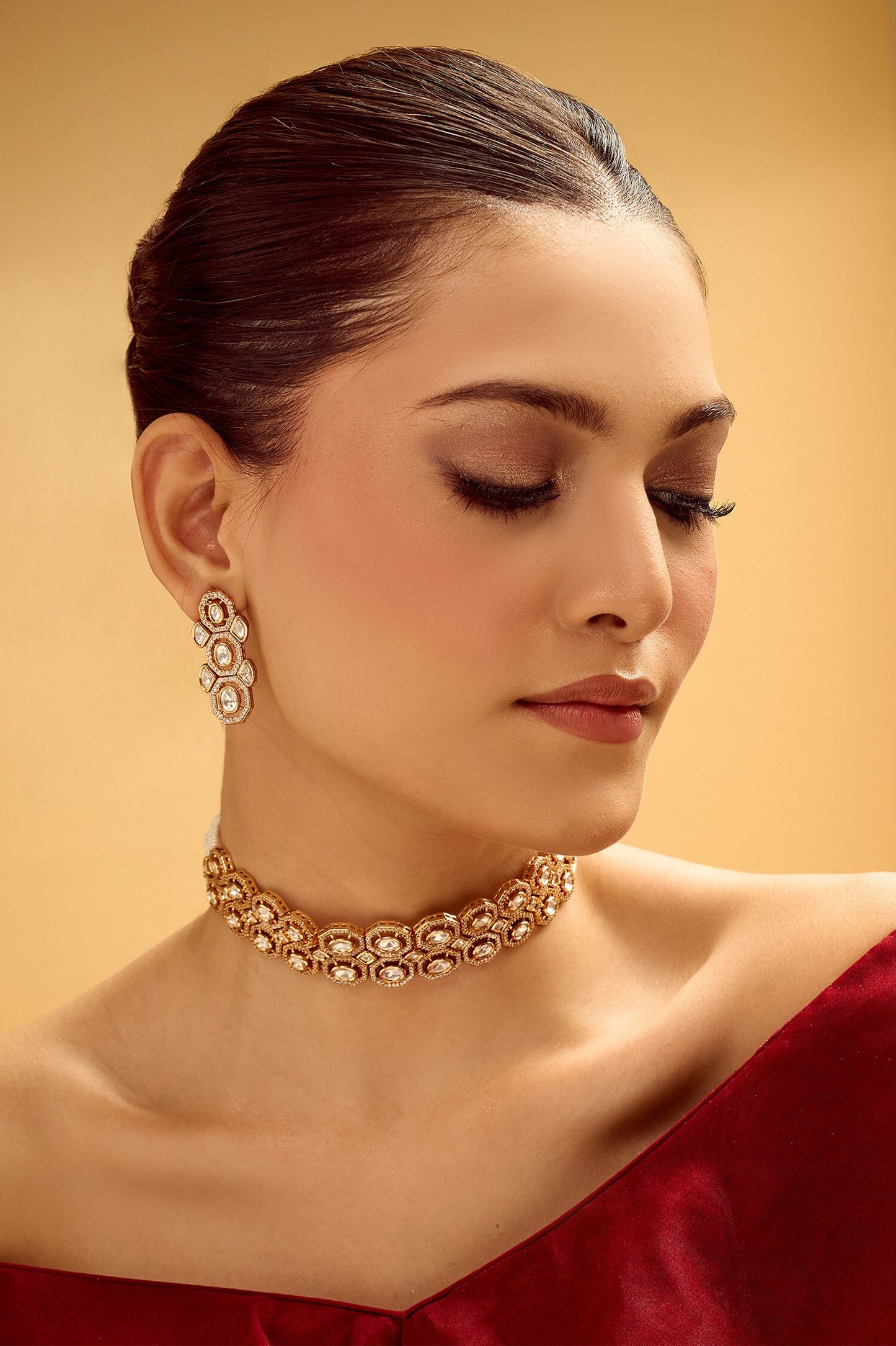 Gold & White Necklace Earring Set 