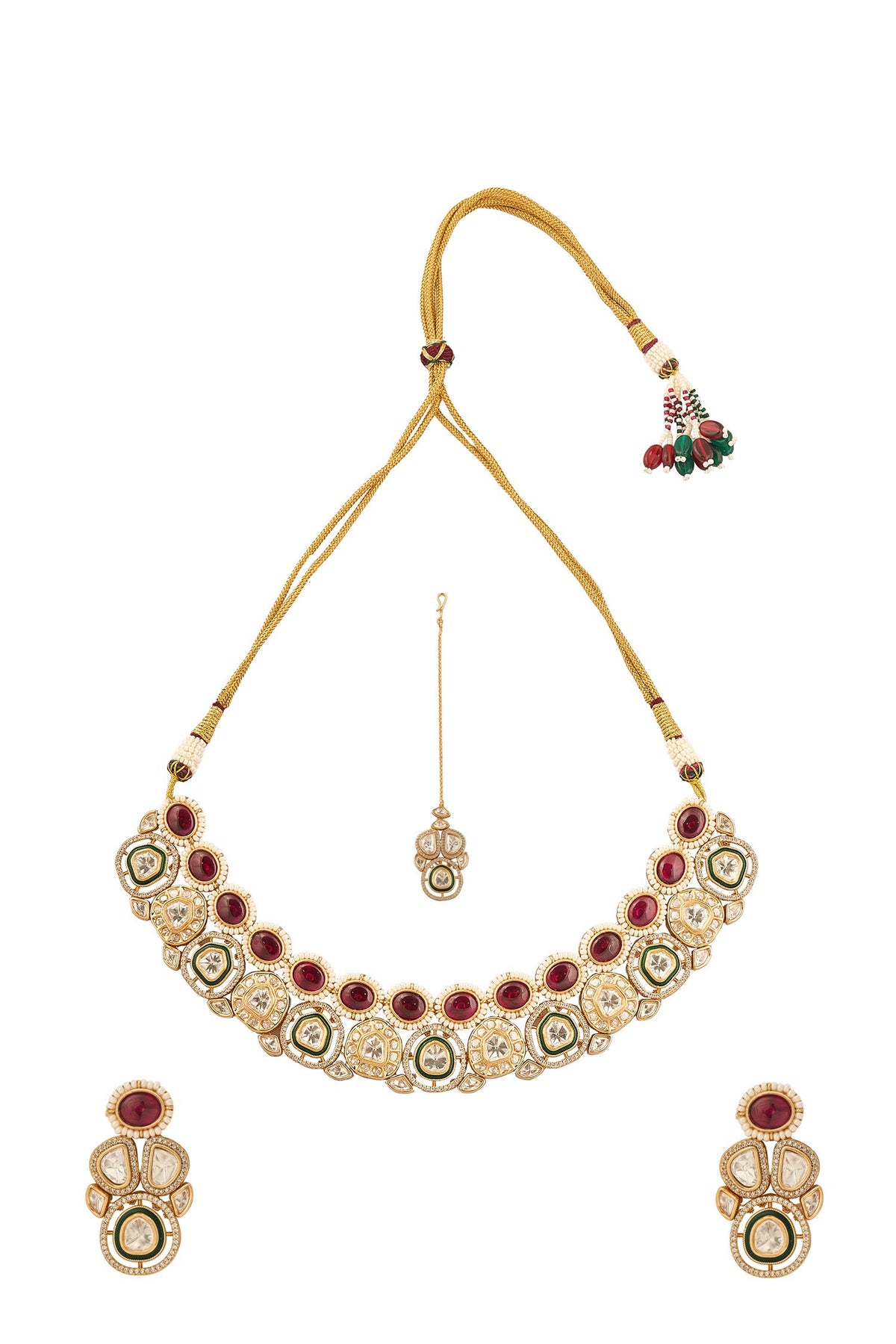 Brass Red & Green Stone Embellished Jewellery Set 