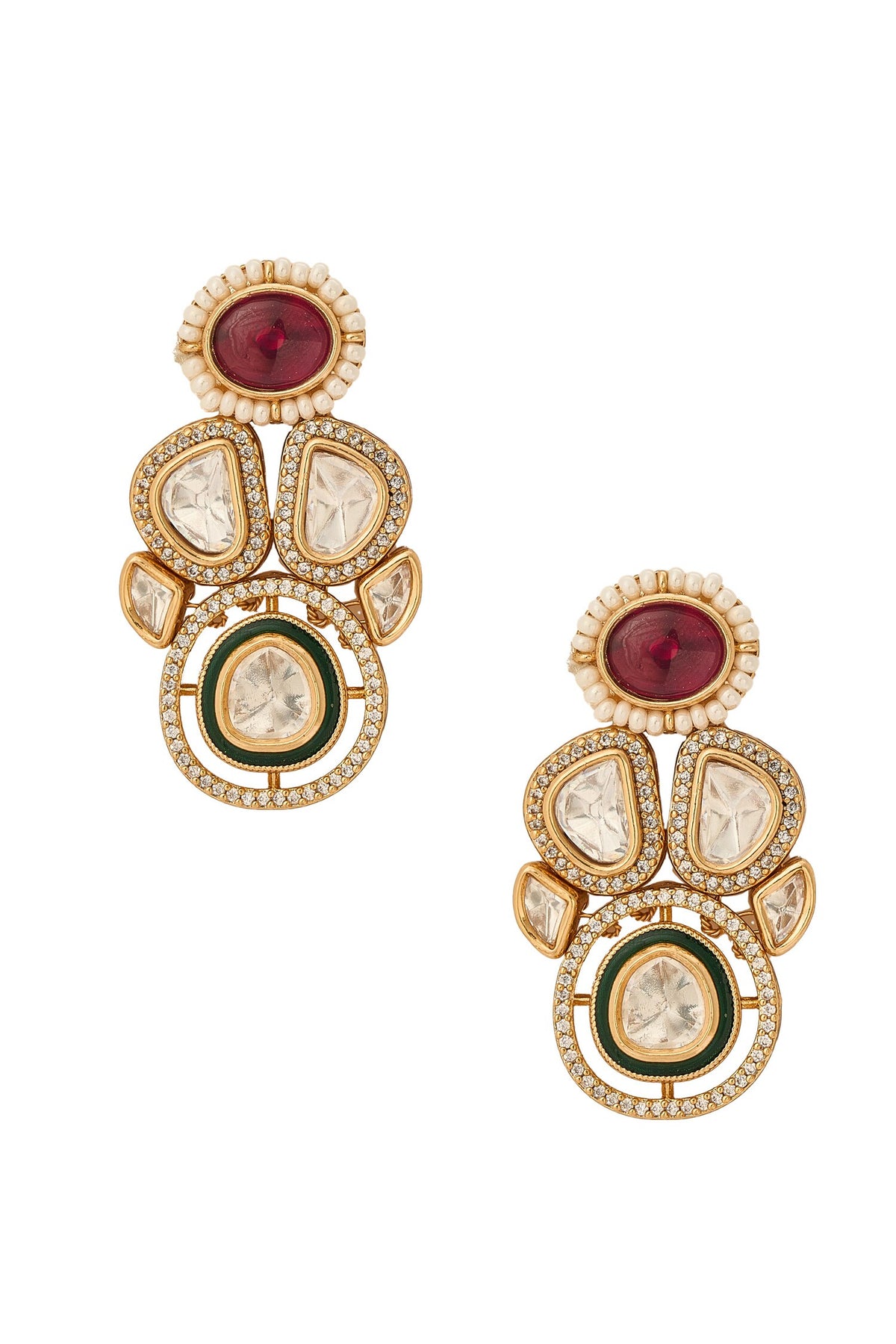 Brass Red & Green Stone Embellished Jewellery Set 