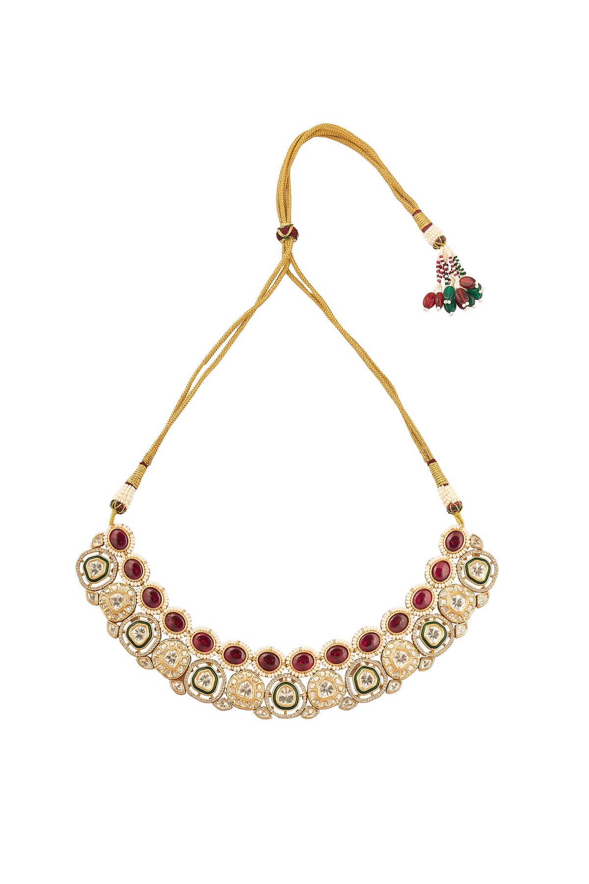 Brass Red & Green Stone Embellished Jewellery Set 