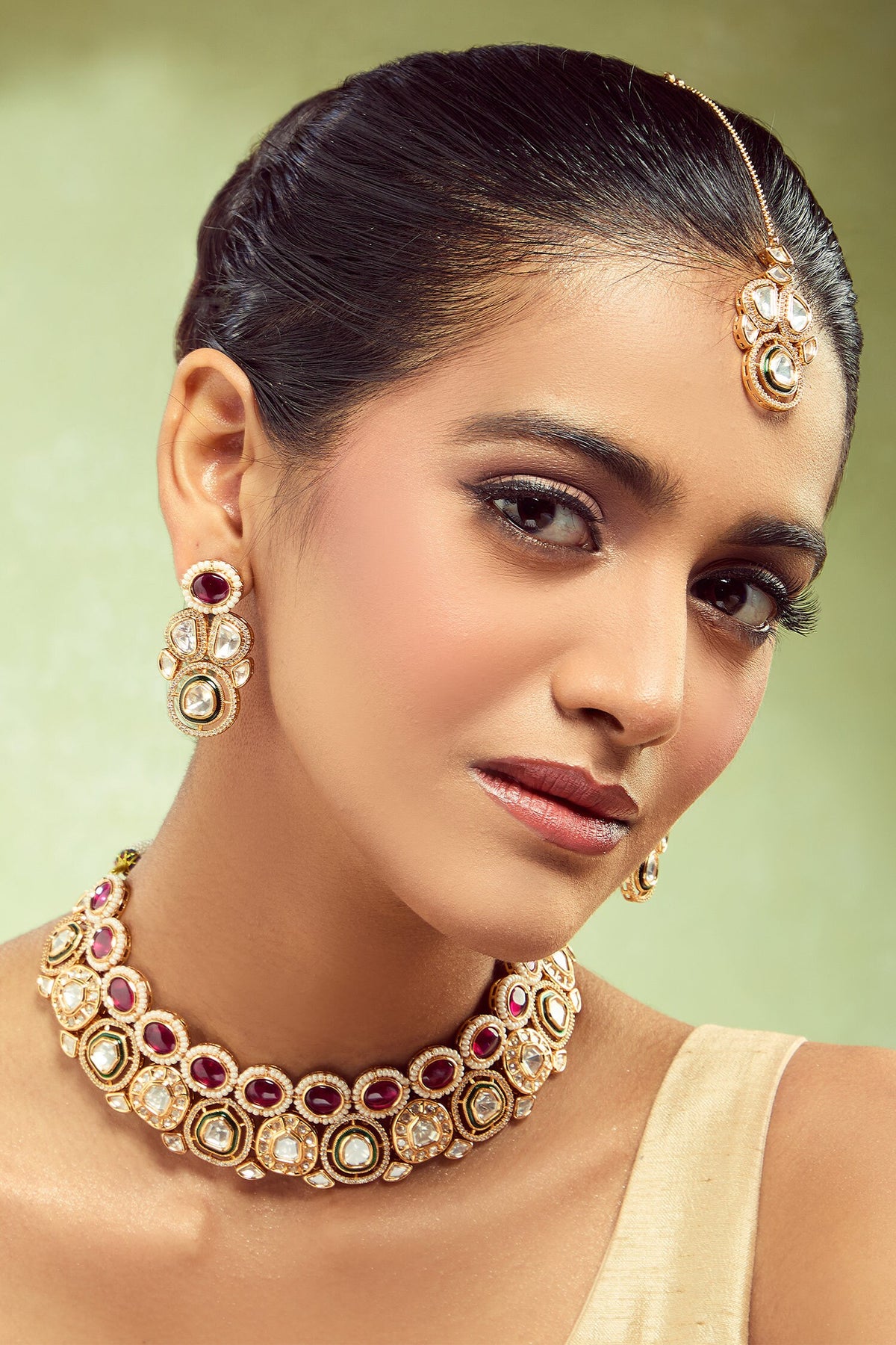 Brass Red & Green Stone Embellished Jewellery Set 