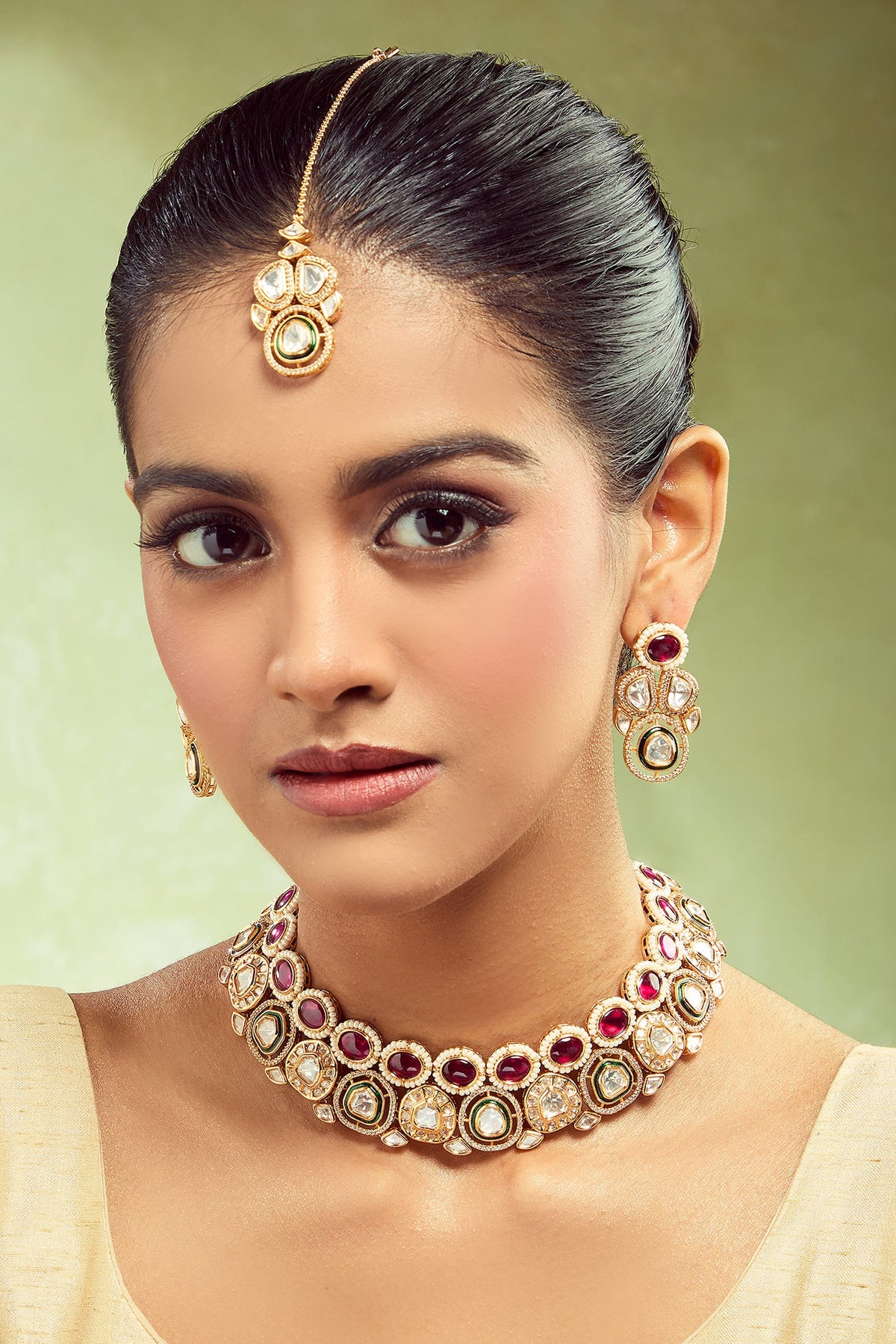 Brass Red & Green Stone Embellished Jewellery Set 