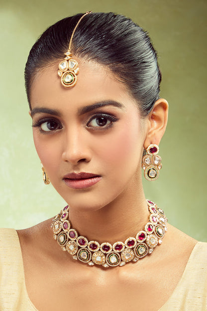 Brass Red & Green Stone Embellished Jewellery Set 