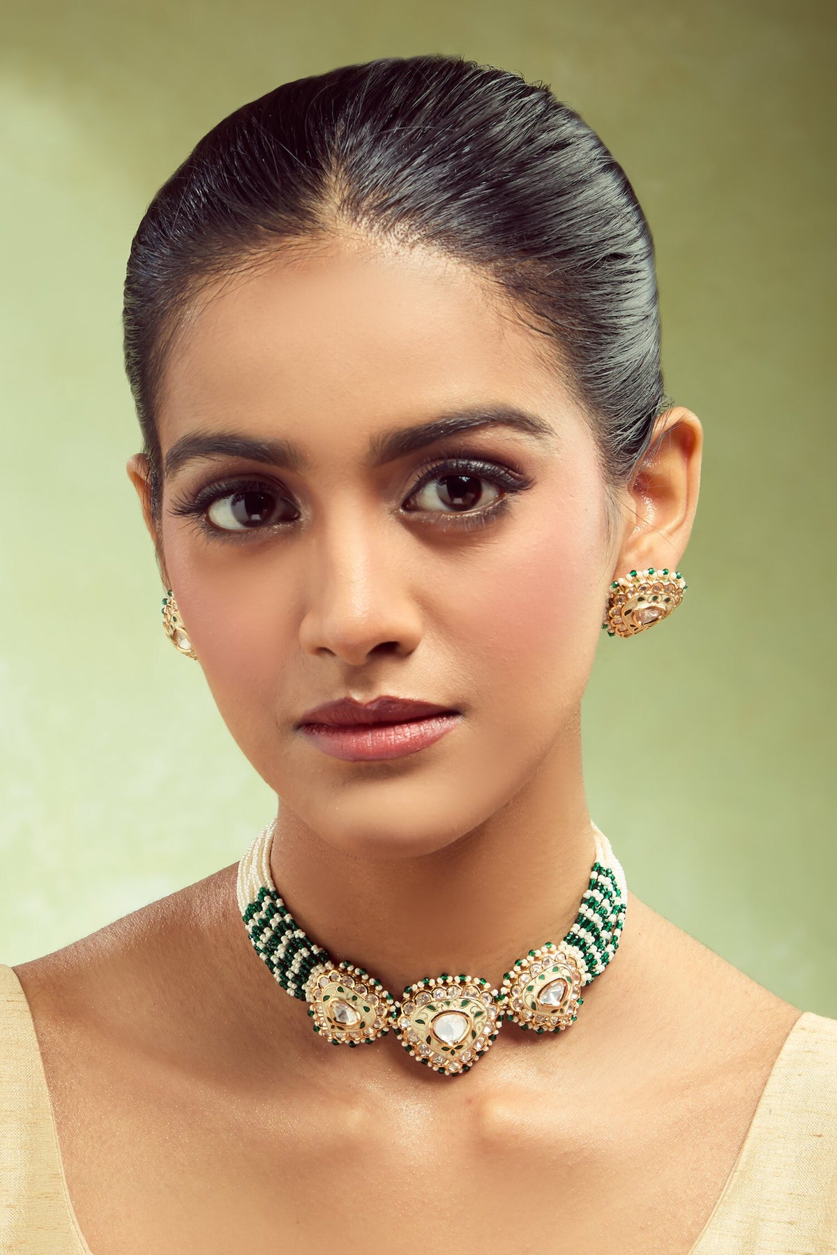 Creme & Green Brass Jewellery Set 