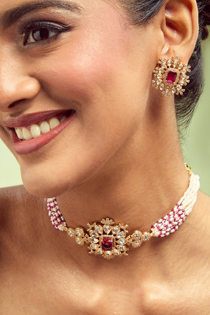 Ruby Brass Necklace & Earring Set 