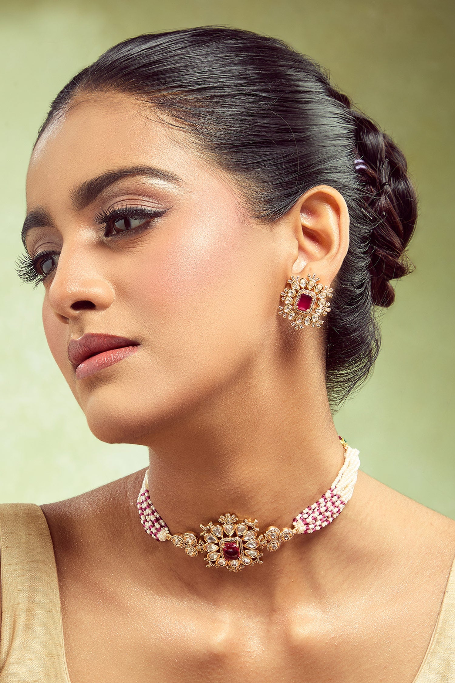 Ruby Brass Necklace & Earring Set 