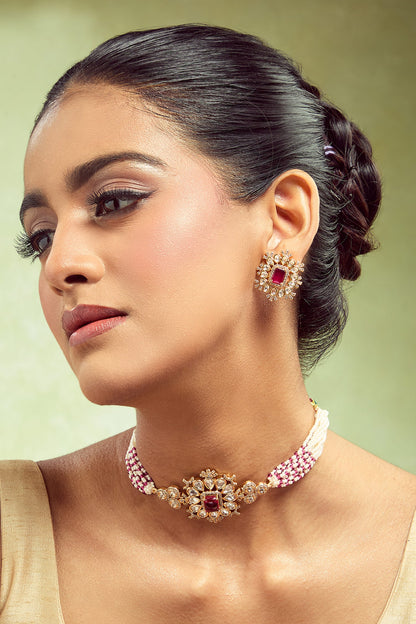Ruby Brass Necklace & Earring Set 