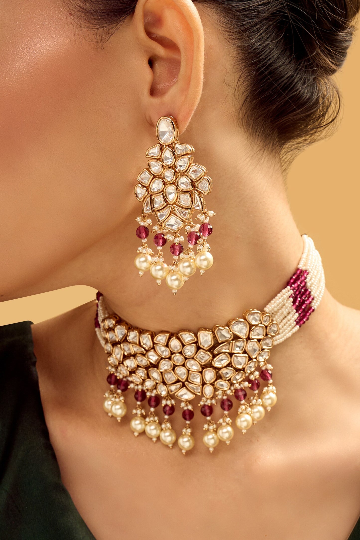 Ruby Brass Necklace & Earring Set 