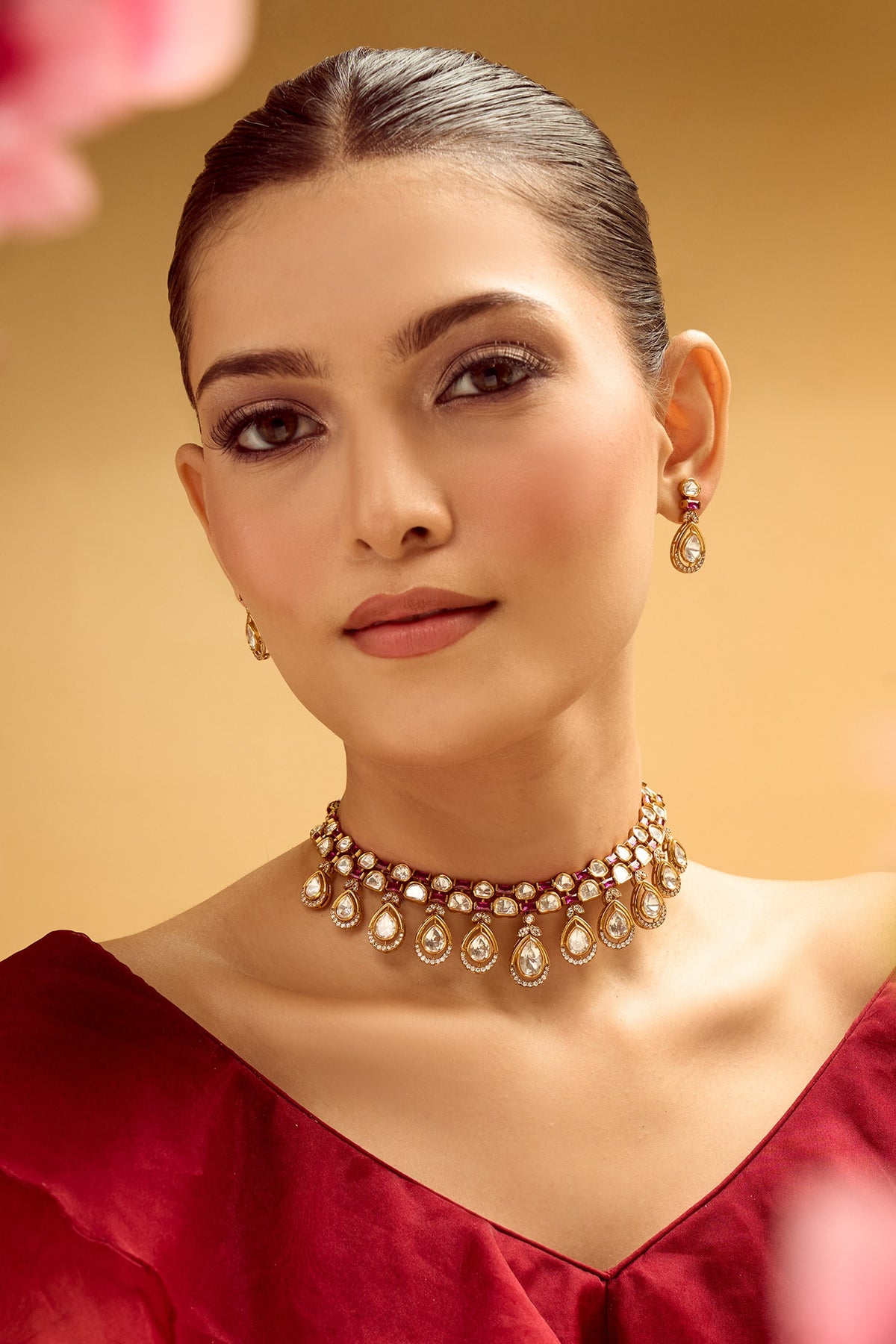 Ruby Brass Necklace & Earring Set 