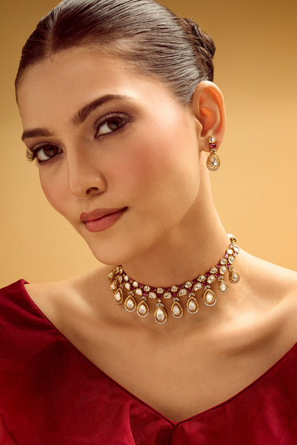 Ruby Brass Necklace & Earring Set 