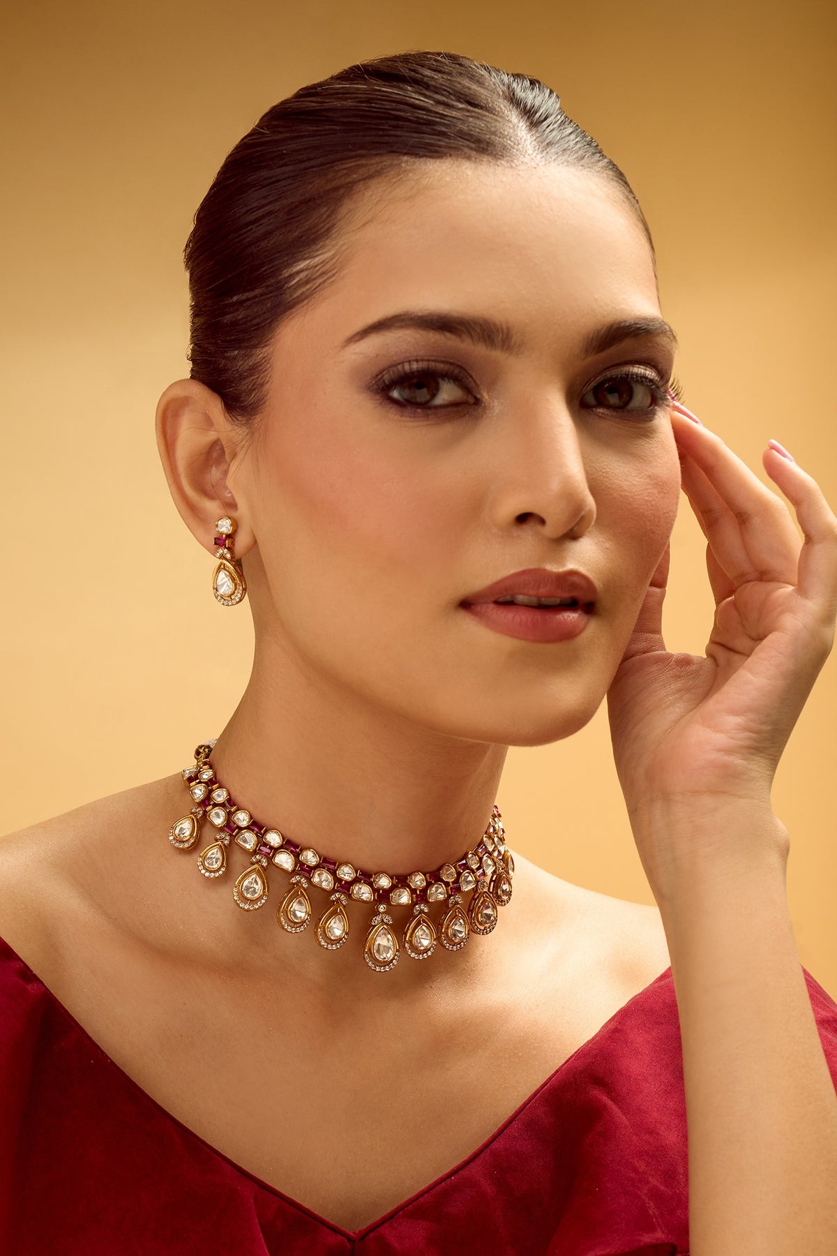 Ruby Brass Necklace & Earring Set 