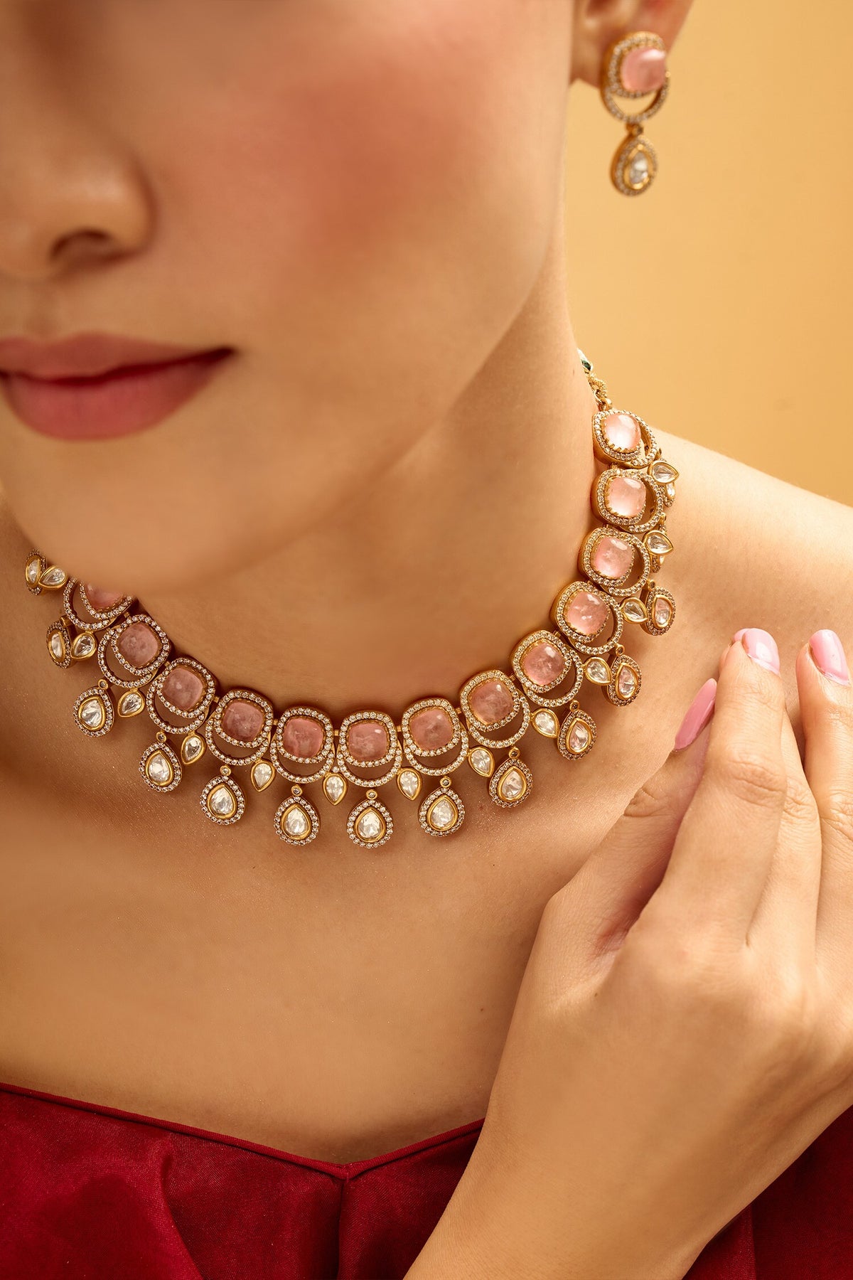 Pink Stone Embellished Jewellery Set 