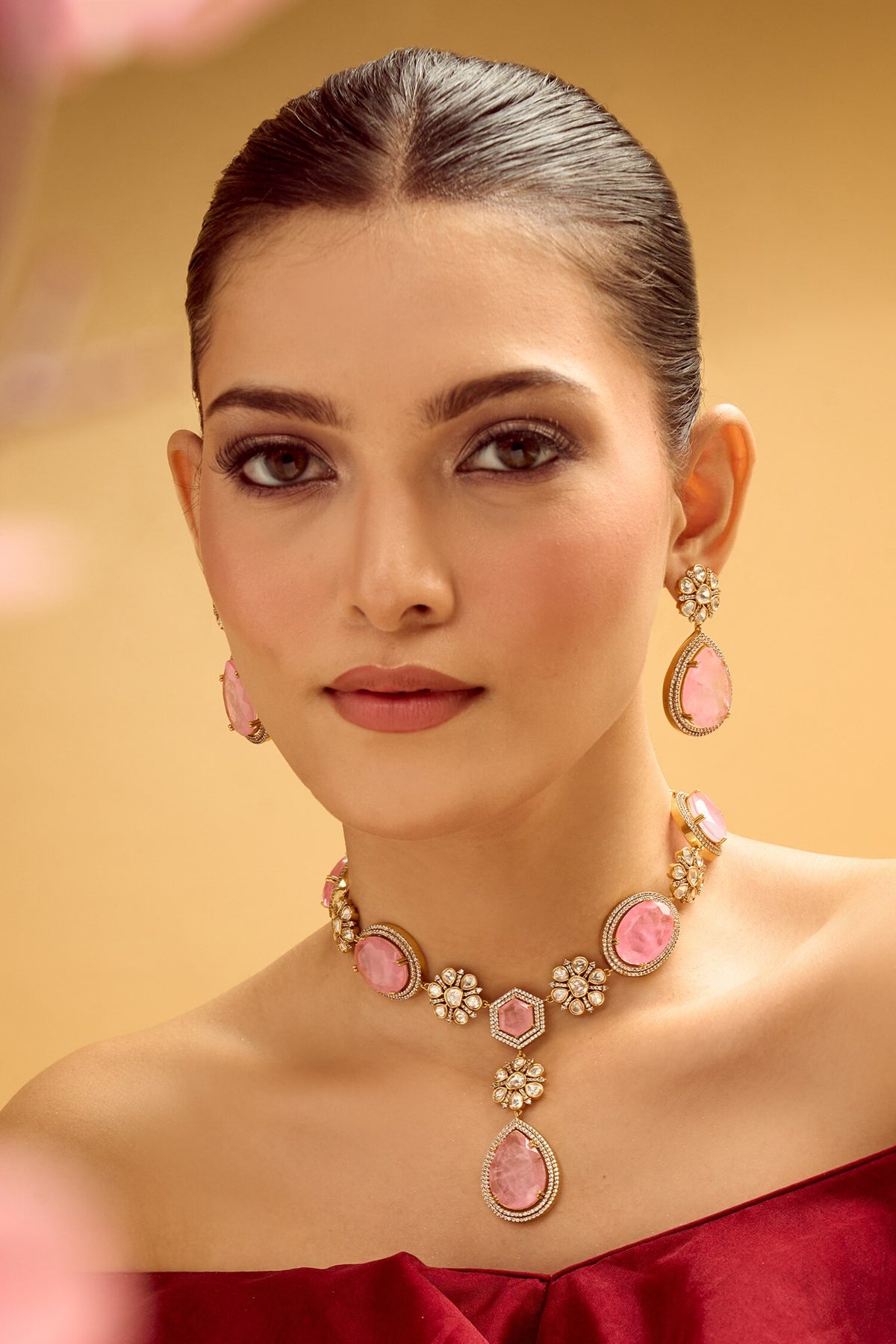 Pink Stone Embellished Jewellery Set 