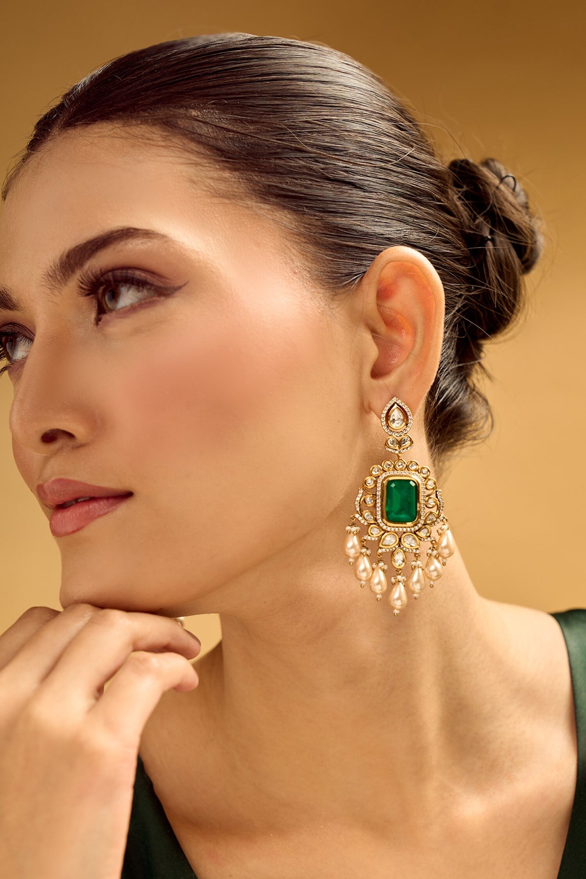 Emerald Green & Gold Dangler Earrings 