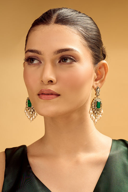 Emerald Green & Gold Dangler Earrings 