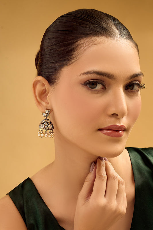 Gold Jhumka Earrings With Pearl Drops 