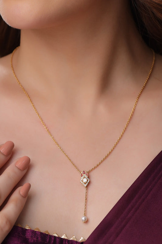 Gold Moissanite & Pearl Pendant Necklace 