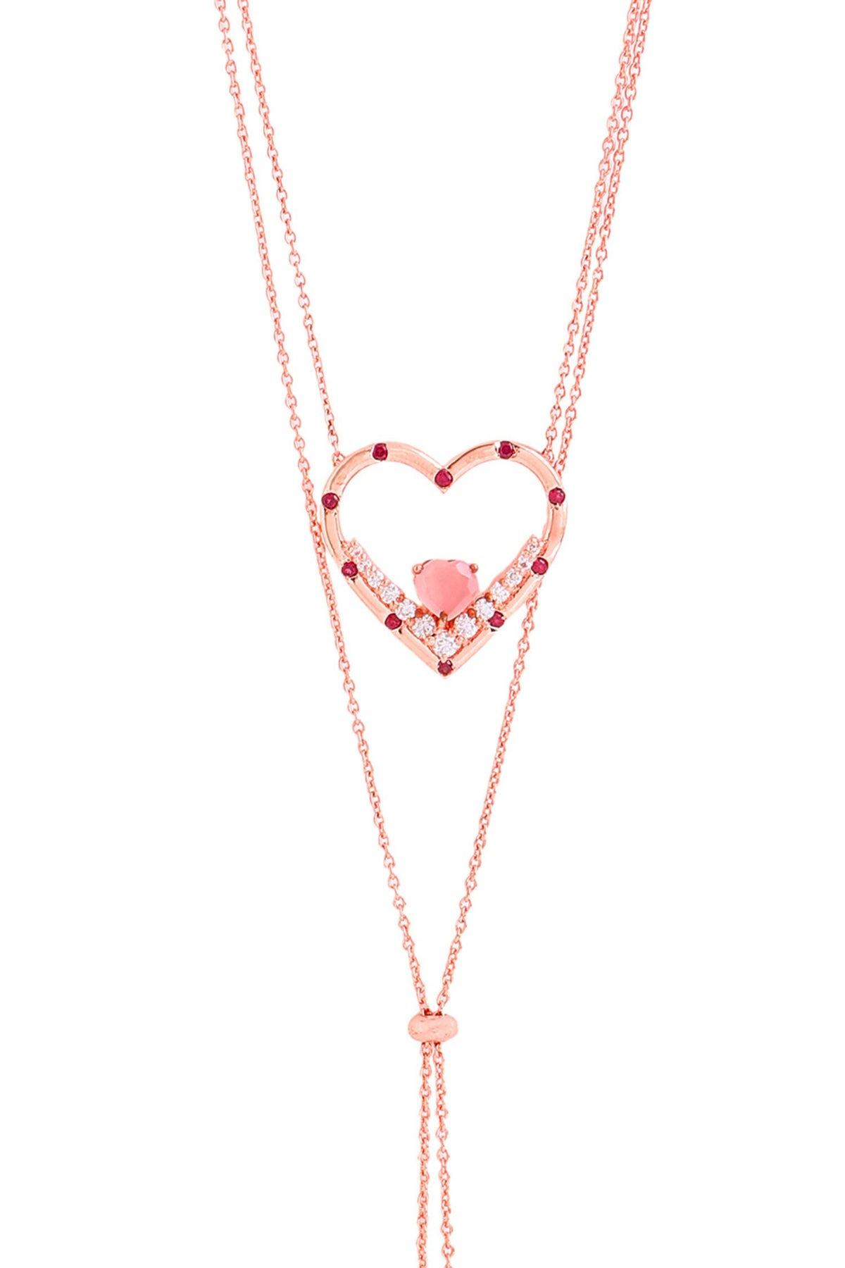 Garnet & Pink Chalcedony Heart Pendant Necklace 