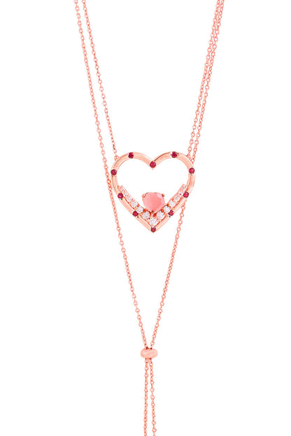 Garnet & Pink Chalcedony Heart Pendant Necklace 