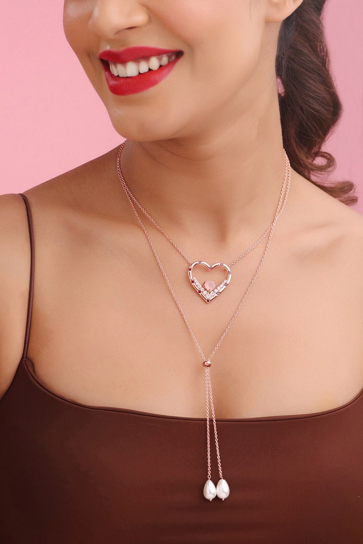 Garnet & Pink Chalcedony Heart Pendant Necklace 