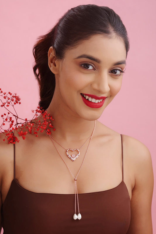 Garnet & Pink Chalcedony Heart Pendant Necklace 