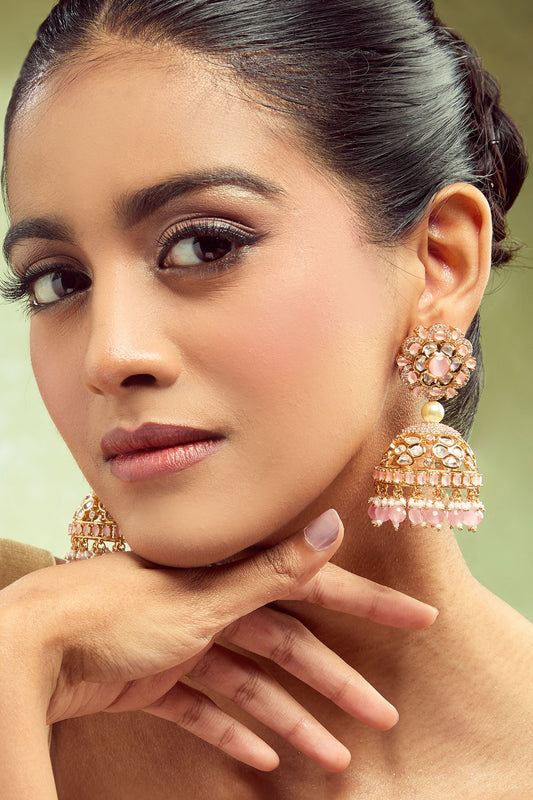 Designer Pink Golden Jhumka Earrings 