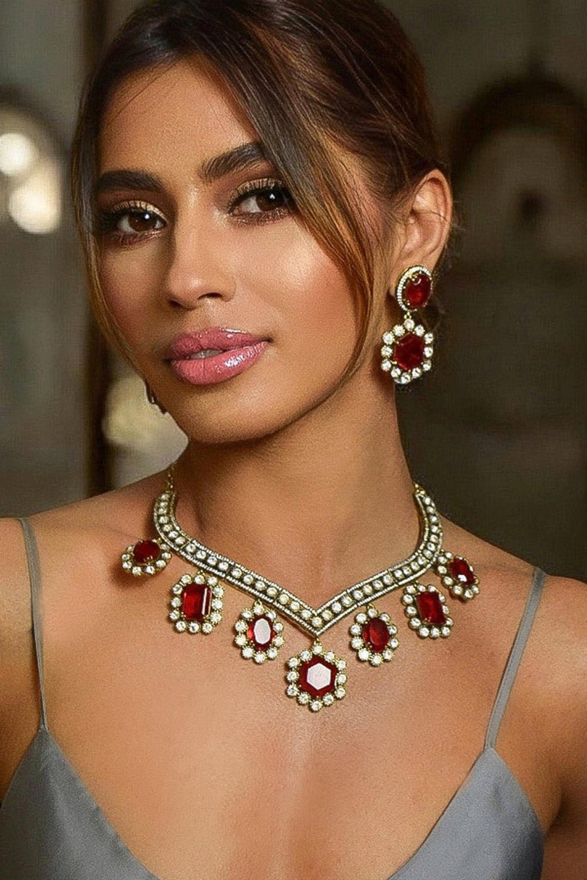 Ruby Moissanite Regal Necklace Set 