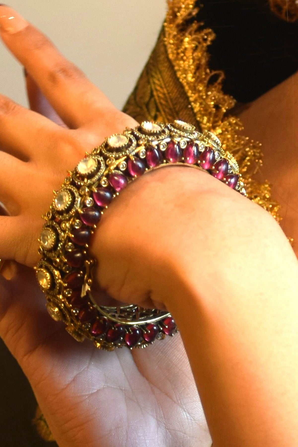 Designer Antique Gold Bangle with Moissanite & Ruby 