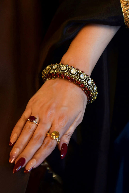 Designer Antique Gold Bangle with Moissanite & Ruby 