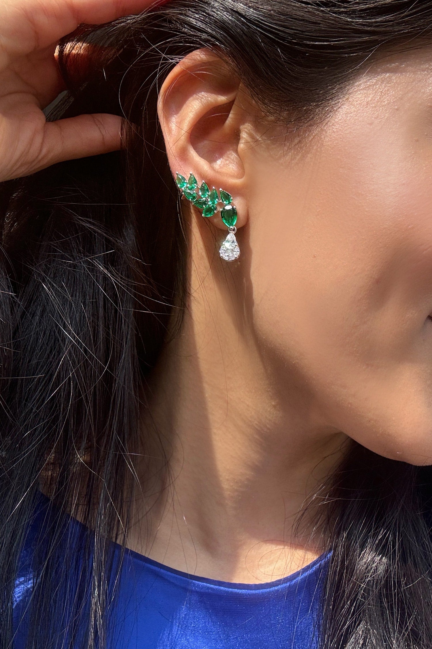 Green Rhodium Plated Ear Cuff 