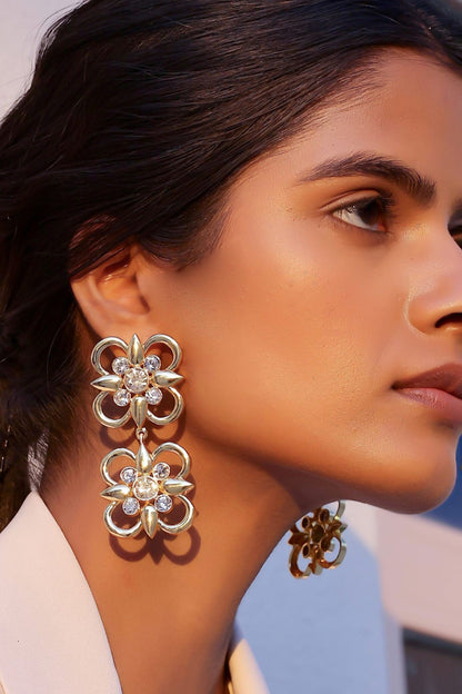 Gold Tone Floral Dangler Earrings 