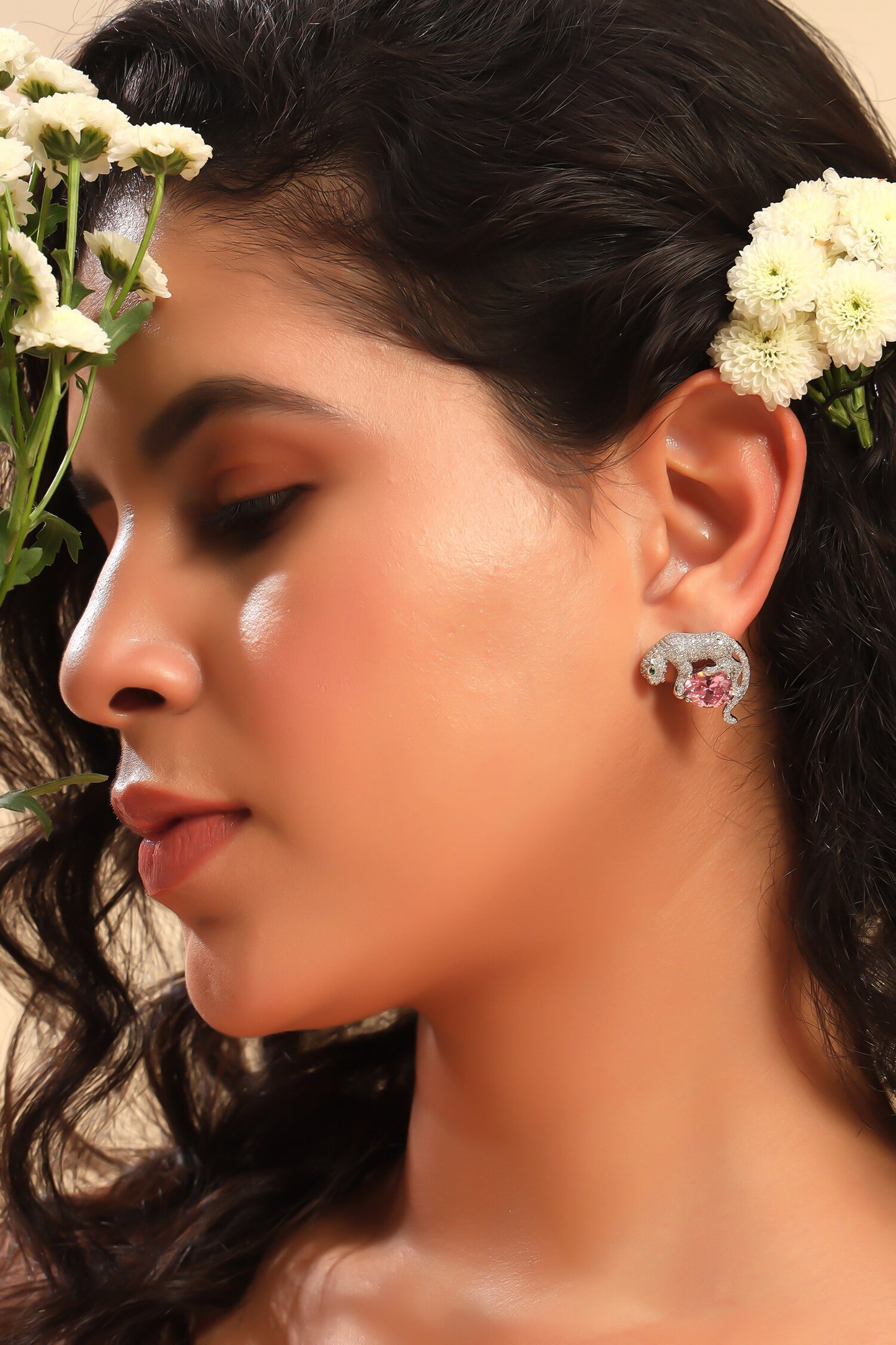 Diamond Studded Tiger Design Earrings 