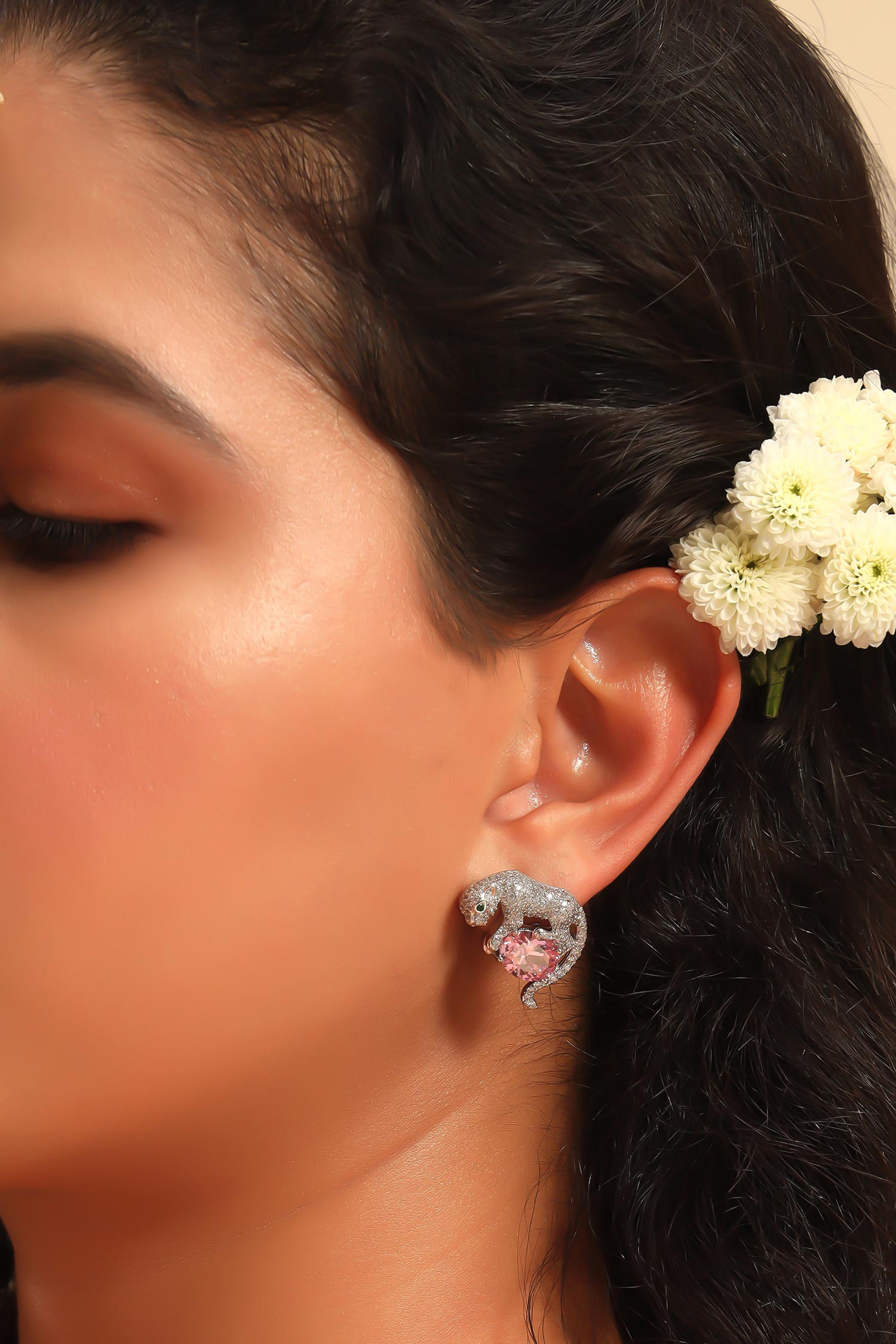 Diamond Studded Tiger Design Earrings 