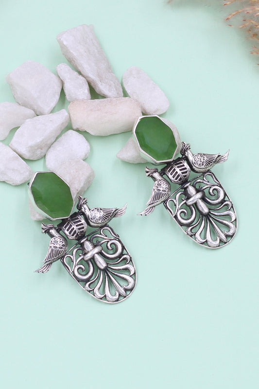 Ornate Simplicity Green Onyx Silver Earrings 