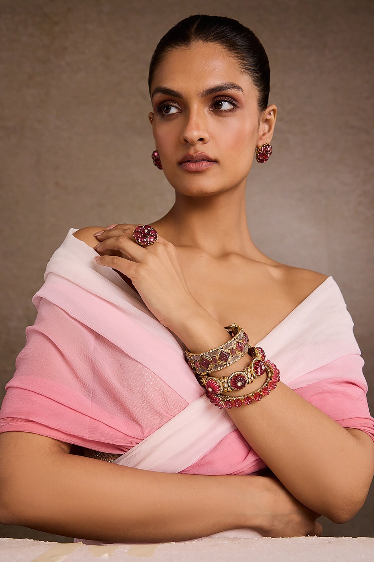 Ruby Pink Melon Silver Bangle 