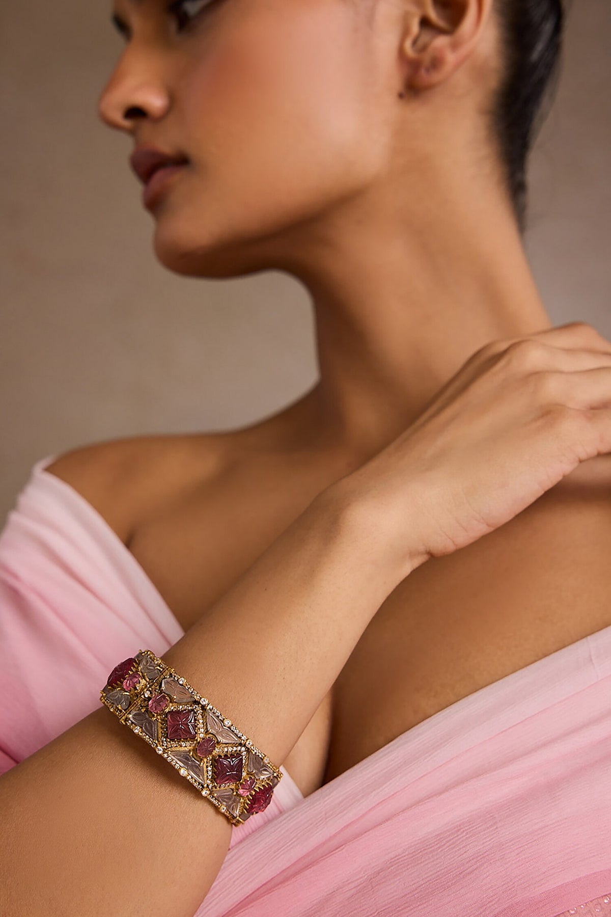 Ruby Pink Melon Silver Bangle 