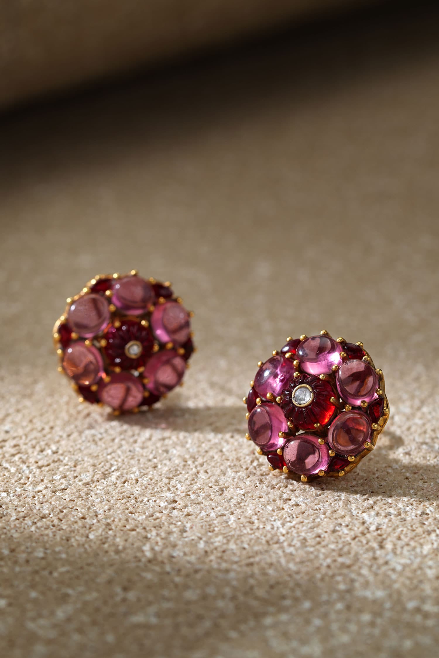 Cabochon Ruby Pink Stud Earrings 