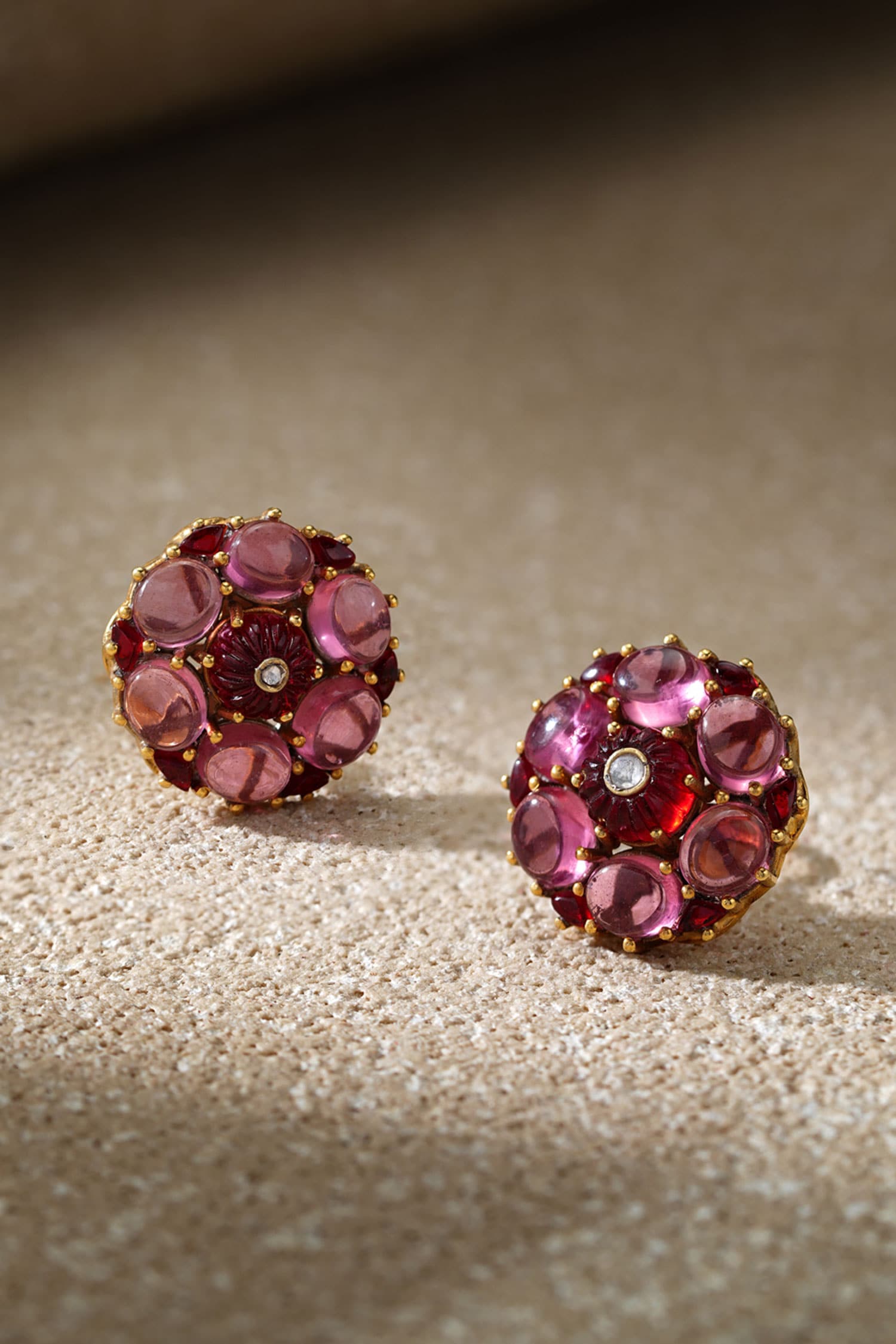Cabochon Ruby Pink Stud Earrings 