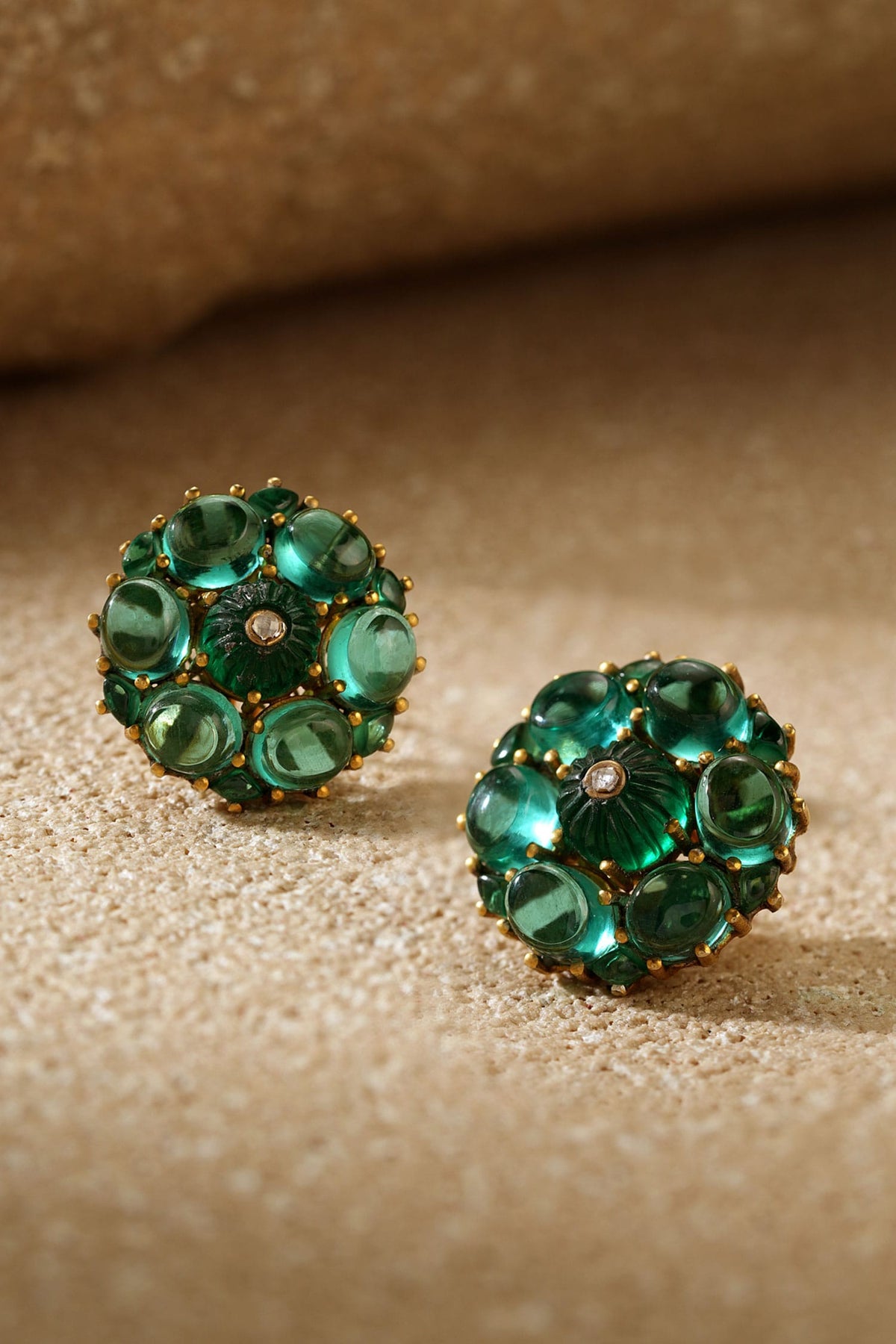 Emerald Cabochon Stud Earrings 
