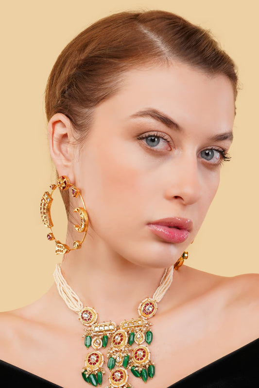 Gold-Plated Maroon Hoop Earrings 