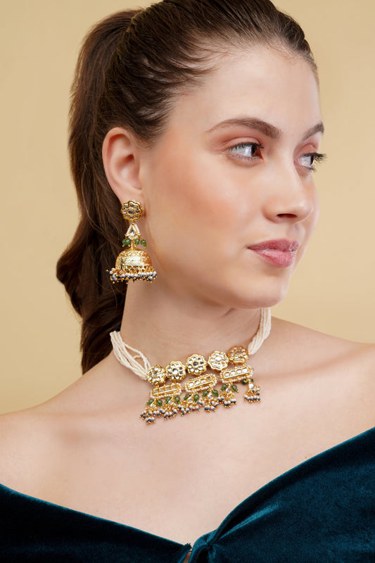 Gold-Plated Green Shadab Jhumka Earrings 